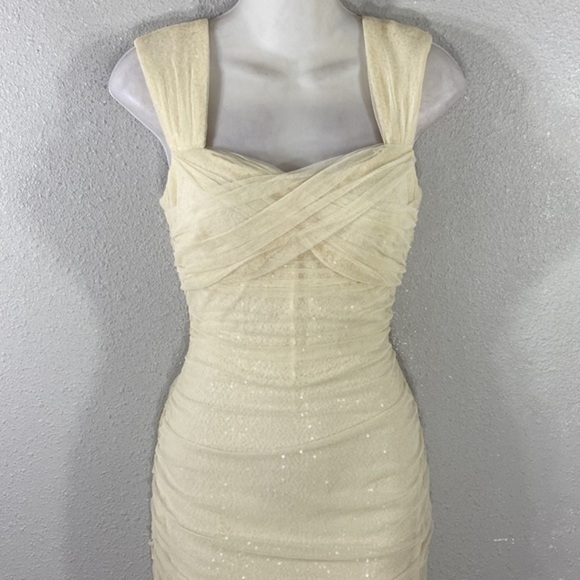 NWT Ralph Lauren ivory ruching mesh overlay sequin bodycon dress 6 NN17 - Picture 3 of 12